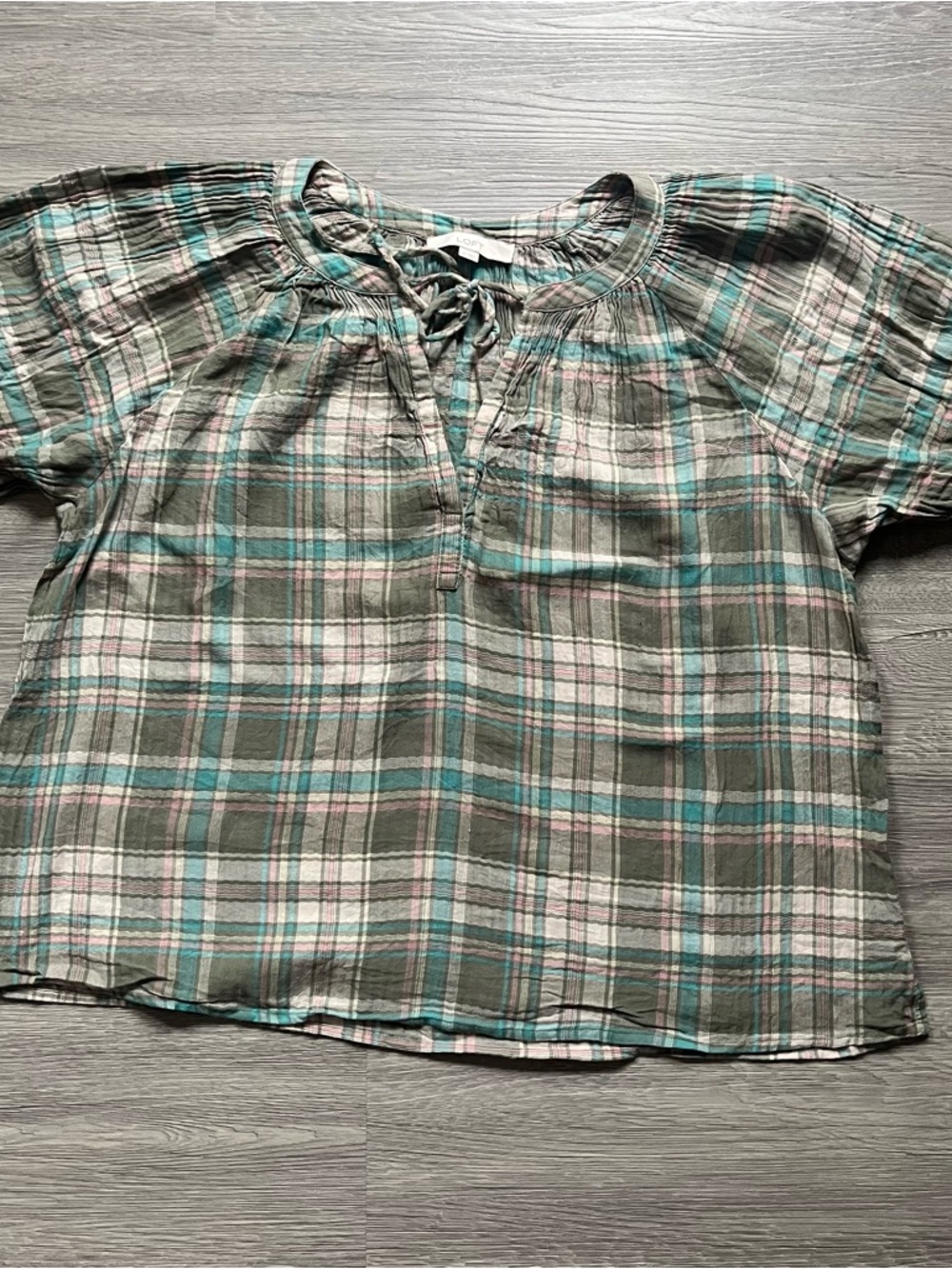 LOFT Plaid Cottagecore Tie-Neck Short Sleeve Blouse in Green & Pink